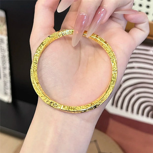 亮面扭花手工錾刻吉言手镯仿真黄金实心莫比乌斯开口调节镯子手环