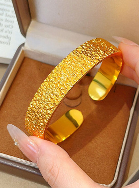 高货版~沙金999宽面手工锤纹手镯实心亮面纸醉金迷开口镯子精致女