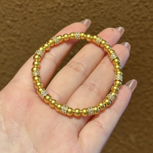 古法沙金6mm金珠跑跑环手串女仿黄金色强保色转运珠叠戴镶钻手链