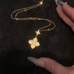 古法拉丝点缀碎钻幸运四叶草吊坠项链女不掉色24k金色四叶花锁骨