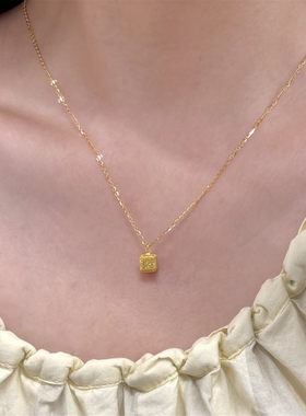 花丝拉丝爆闪小方块黄金色项链女