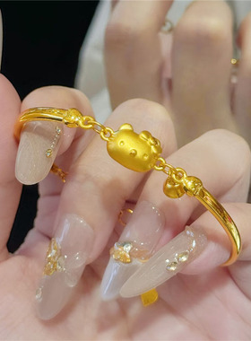 减龄可爱铃铛哈喽Kitty猫半镯手链女999黄金色超萌凯蒂猫手饰饰品