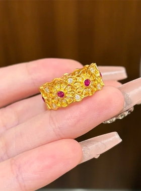 沙金镂空玫瑰窗花戒指女