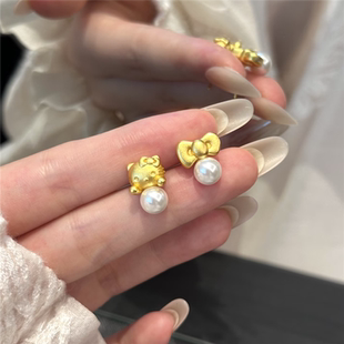 黄金色AB款hellokitty蝴蝶结耳钉耳环女减龄可爱KT猫凯蒂猫耳饰品