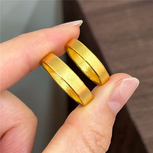不掉色~古法纯手工磨砂素圈戒指男女情侣对戒实心宽版仿黄金指环