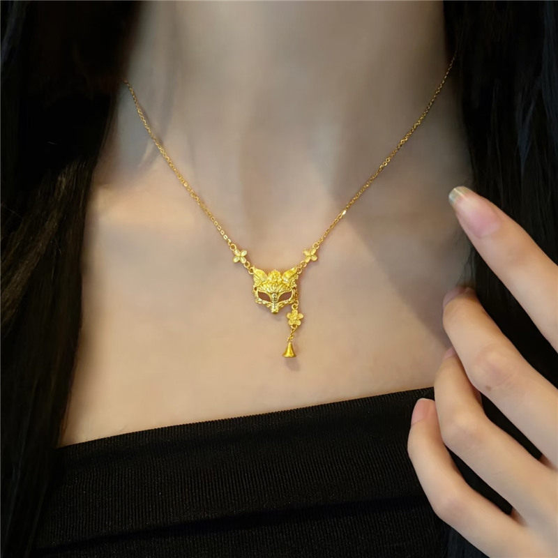 999黄金色国风元素狐狸面具项链女不掉色优雅灵动流苏花朵锁骨链