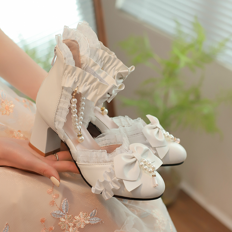 特大码434648中空凉鞋女夏季凉鞋仙女风串珠高跟鞋公主洛丽塔鞋子