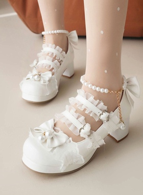 糖果漆皮鞋女童公主鞋大码43-48洛丽塔单鞋珍珠蝴蝶结中跟loita鞋