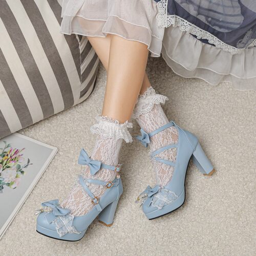 Lolita鞋蕾丝蝴蝶结珍珠吊坠软妹