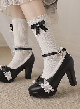 高跟鞋女特大码4346可爱保暖毛毛冬鞋粗跟高跟鞋圆头洛丽塔小皮鞋