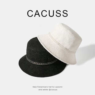 CACUSS小香风渔夫帽女2023年新款秋冬季水桶帽宽檐显脸小时尚优雅