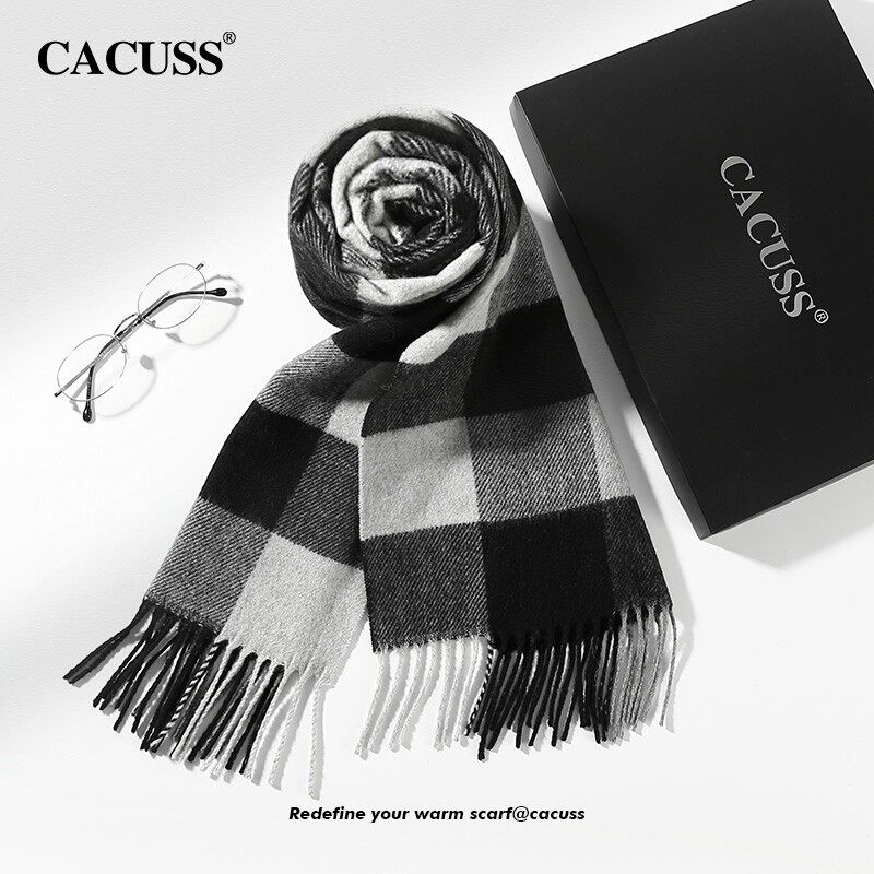 CACUSS格子羊毛围巾男士秋冬季保暖加厚高档礼盒装送爸爸男友礼物