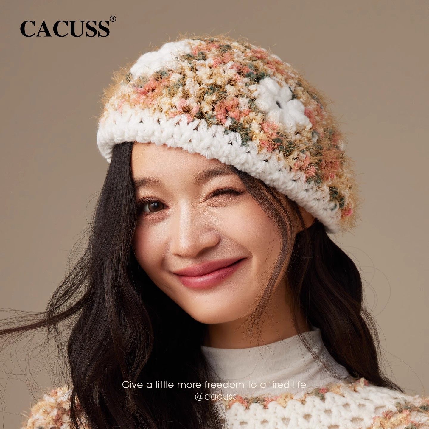 CACUSS钩花贝雷帽子女秋冬新款韩版针织帽百搭画家帽显脸小毛线帽