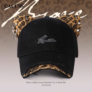 CACUSS豹纹猫耳朵棒球帽女秋冬季新款大头围鸭舌帽复古破洞帽子男