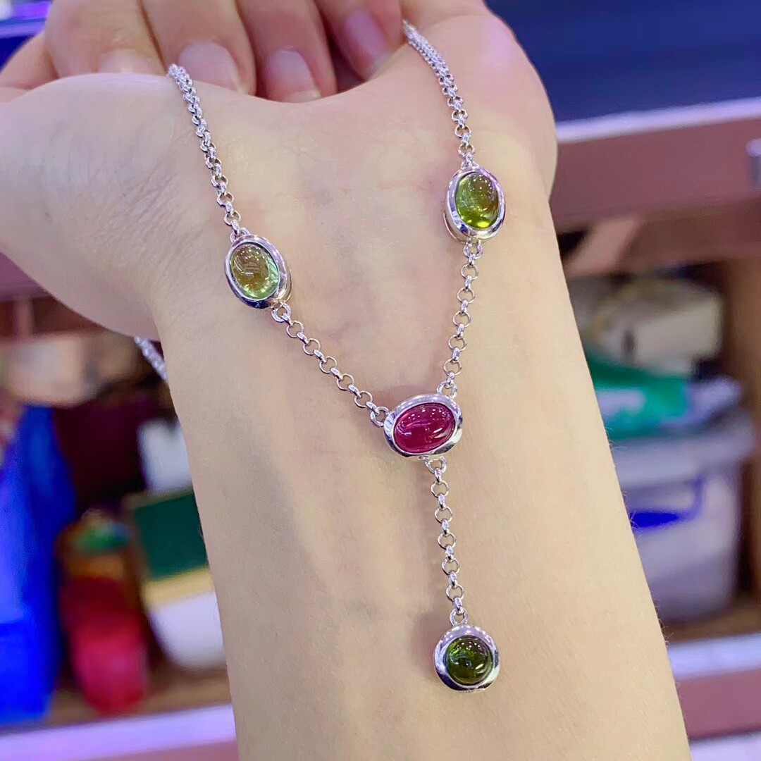 925银镶嵌碧玺项链，锁骨链，毛衣链