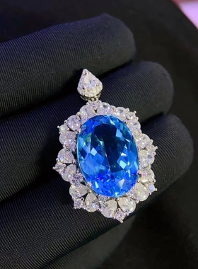 12克拉合成皇家蓝宝石项链吊坠鸽子蛋刚玉复古925纯银托帕石吊坠