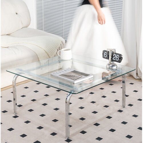 包豪斯玻璃边小茶几中古风透明矮桌高级感家用客厅极简不锈钢方桌