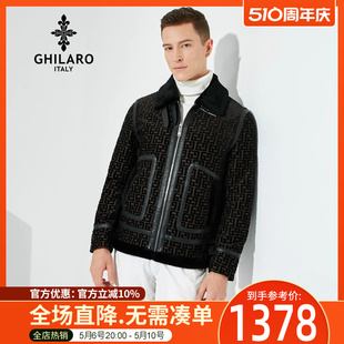 古劳吉那诺冬男羊毛领绵羊皮革回形纹绒面羽绒服8570 GHILARO