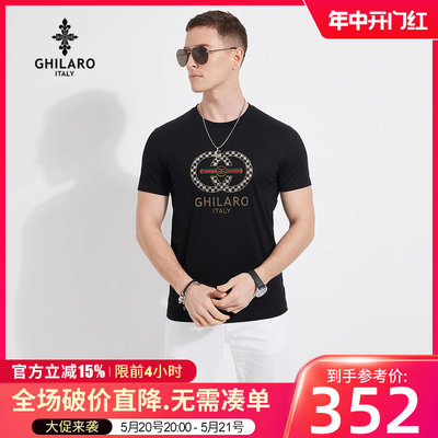 GHILARO/古劳吉那诺夏男士新环形烫钻LOGO薄圆领棉短袖T恤7225-70