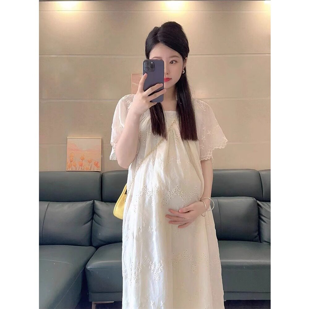 孕妇裙夏季高级感连衣裙2026新款法式过膝时尚短袖中长裙宽松大码