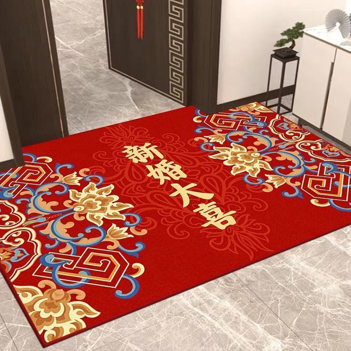 家用结婚入户门地毯新中式喜庆红色婚房脚垫门口进门耐磨耐蹭地垫