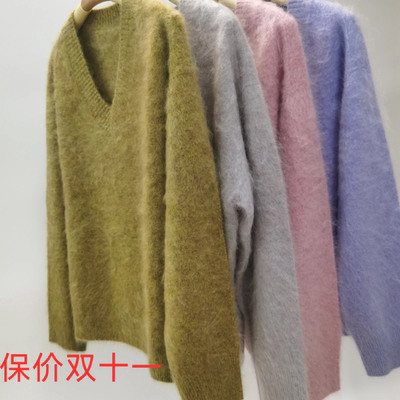 康赛妮A级纯山羊绒拉绒V领宽松慵懒风AB花纱加厚无缝一体毛衣女