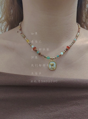 多巴胺天然石玫瑰吊牌项链