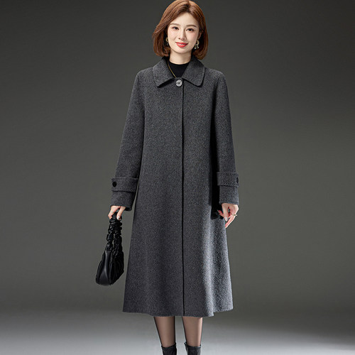 双面羊绒女秋冬新长款大衣高端炭灰妈妈装宽松厚实大码羊毛呢外套