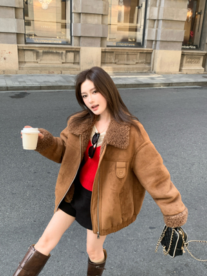 卢西西100羊羔毛皮草外套短款夹克秋冬新款小个子皮毛一体女年轻