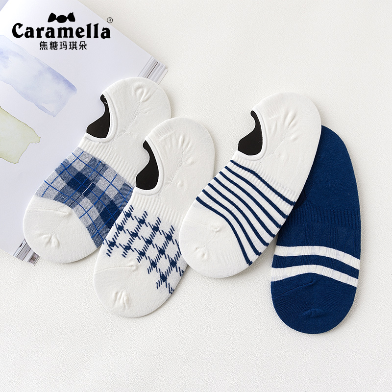 caramella男春夏蓝白格子运动船袜券后29.90元