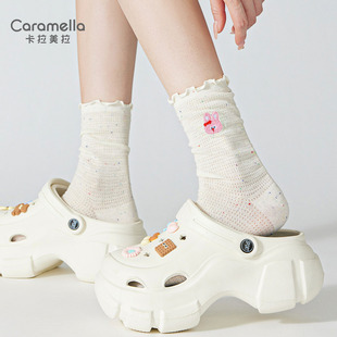 caramella袜子女2025春秋新款 女袜可爱刺绣中筒袜花边网眼透气棉