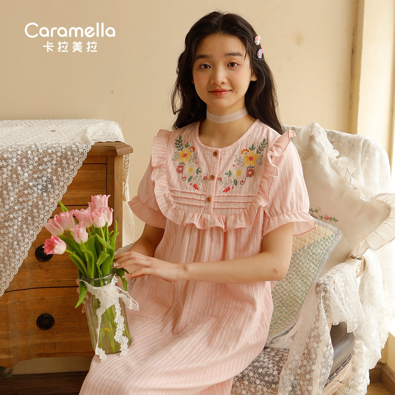 居家服女夏季睡裙纯棉纱布宽松短袖睡衣日系清新款可爱条纹新款MQ