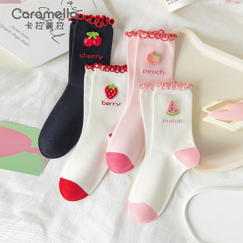 caramella中筒袜棉袜女袜春秋新款袜子女款长袜女士可爱卡通少女