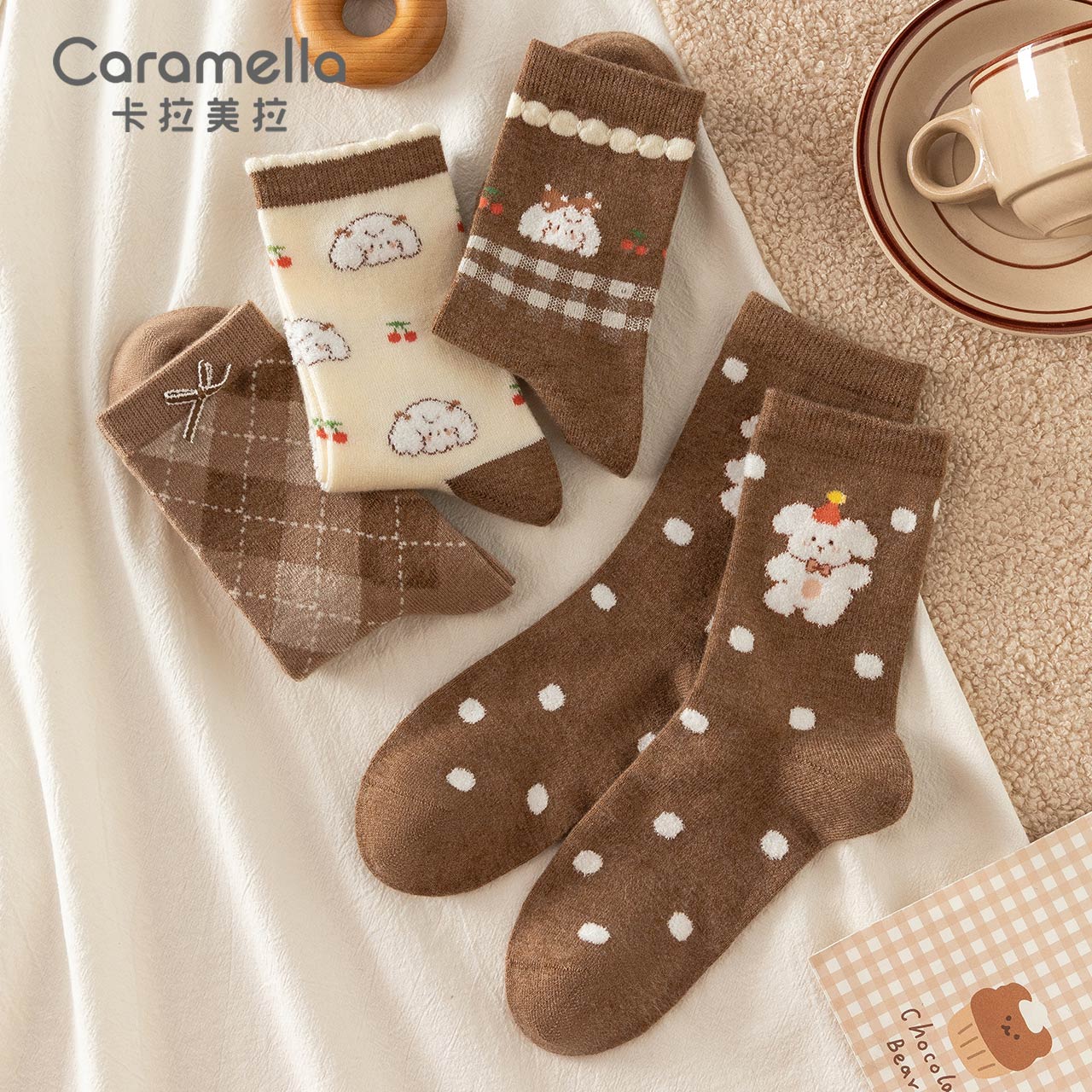 caramella袜子女秋冬新款少女羊毛袜女款女士中筒袜可爱卡通女袜