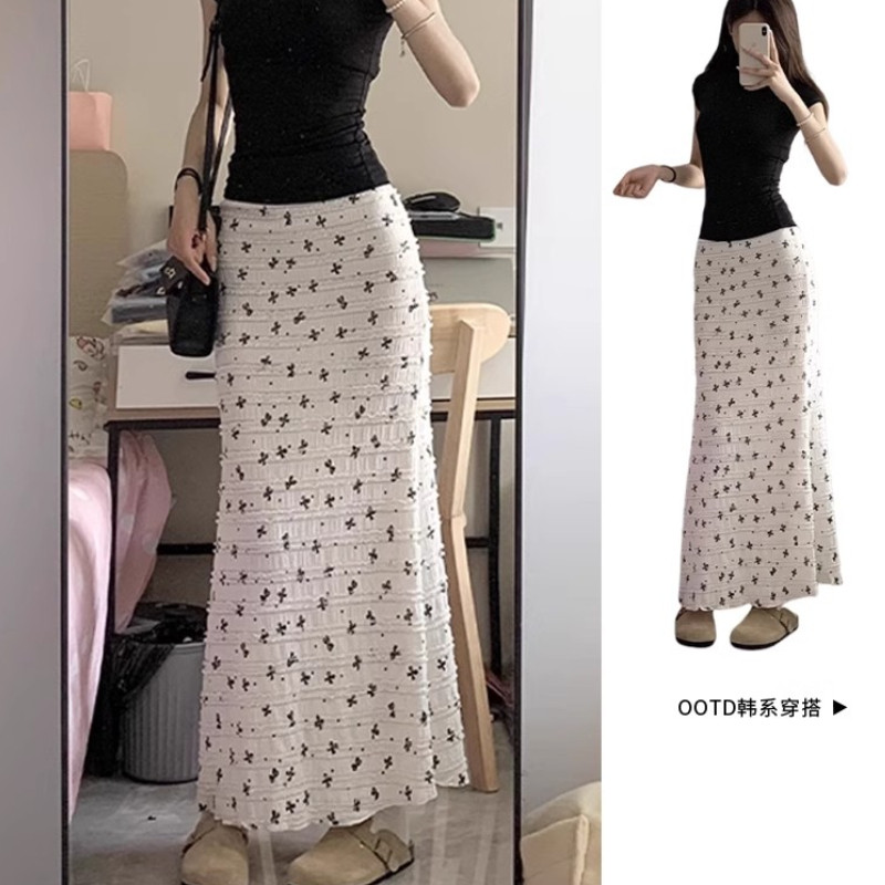 韩系蝴蝶结碎花高腰鱼尾半身裙图片