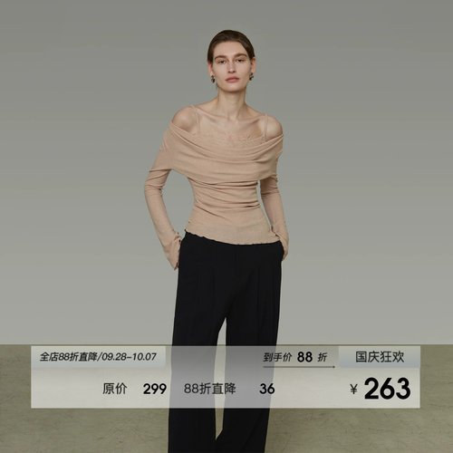 UNSPOKEN假两件荡领蕾丝拼接针织衫女秋季设计感修身显瘦气质上衣