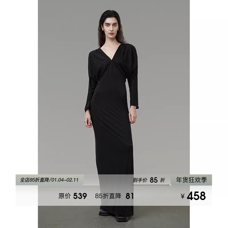 UNSPOKENV领针织长袖连衣裙女2026新款春季修身显瘦遮肉黑色长裙,女装/女士精品,连衣裙,淘宝优惠券,粉丝福利购,淘宝优惠卷