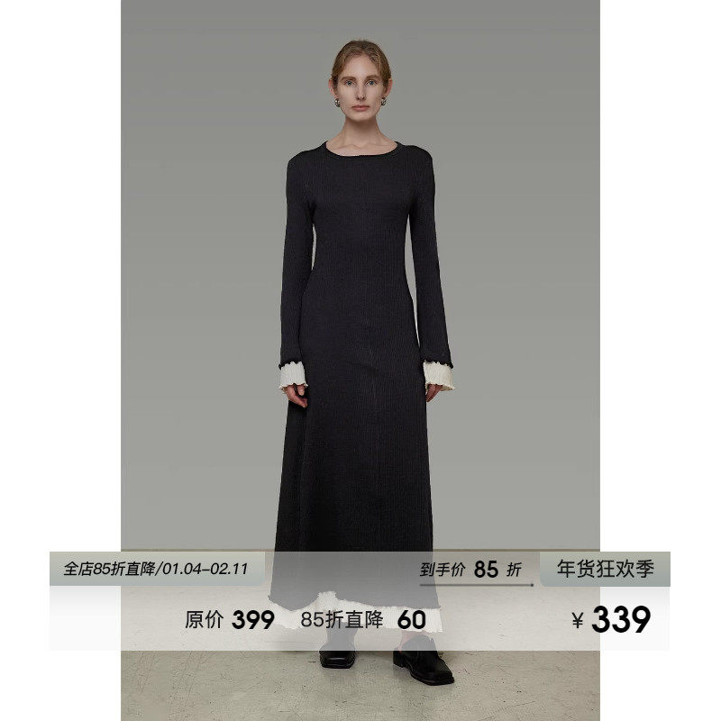 UNSPOKEN撞色喇叭袖长袖连衣裙女春季2026新款修身显瘦高级感长裙,女装/女士精品,连衣裙,淘宝优惠券,粉丝福利购,淘宝优惠卷