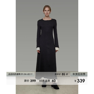 UNSPOKEN撞色喇叭袖长袖连衣裙女春季2026新款修身显瘦高级感长裙