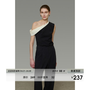 黑白撞色上衣女斜肩高级设计感法式 气质T恤 新款 UNSPOKEN2026夏装