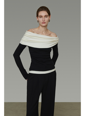 UNSPOKEN法式撞色一字肩针织衫气质高级感堆褶设计质感修身上衣女