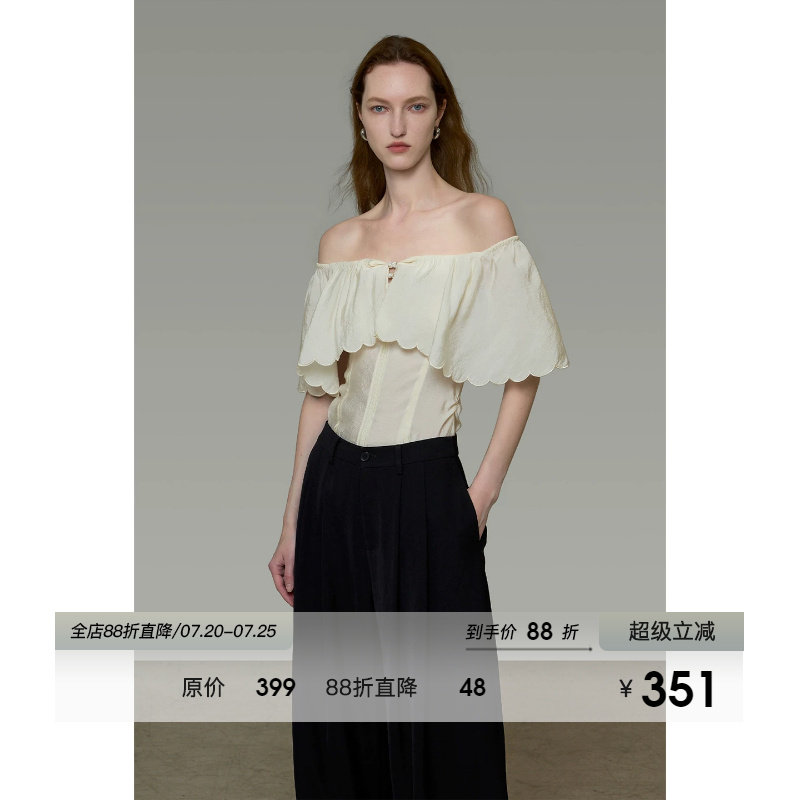 UNSPOKEN一字肩衬衫女短袖露肩气质活页领小众设计感法式显瘦上衣