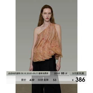 UNSPOKEN斜肩印花上衣女露肩宽松无袖气质显瘦法式衬衫夏2026新款