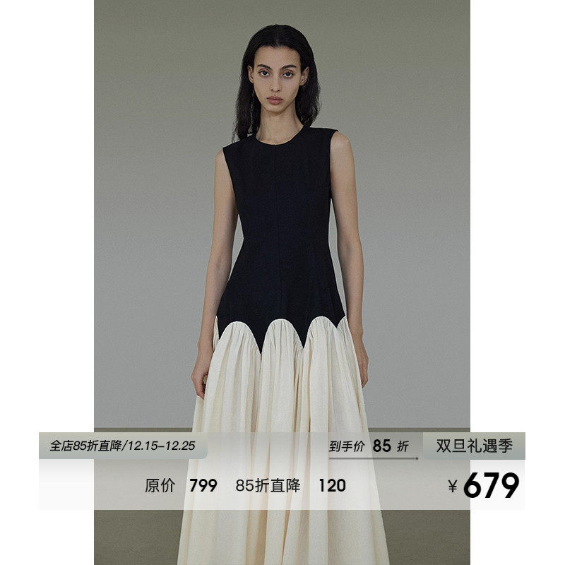 UNSPOKE黑白撞色连衣裙法式设计感小众收腰显瘦百褶裙高级感长裙