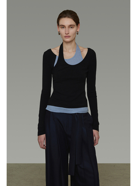 UNSPOKEN解构假两件挂脖针织衫女春季2026新款显瘦设计感撞色上衣