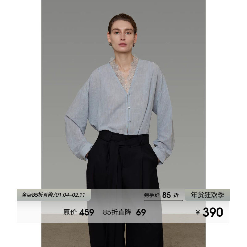 UNSPOKEN蕾丝花边V领衬衫女春季2026新款宽松显瘦高级感气质上衣