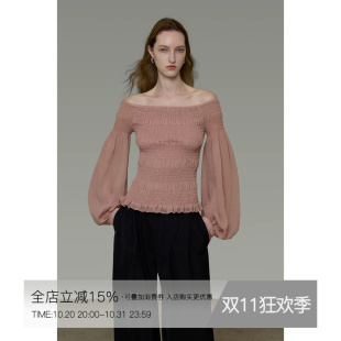 UNSPOKEN长袖衬衫女一字肩设计感收腰显瘦法式气质露肩高级感上衣