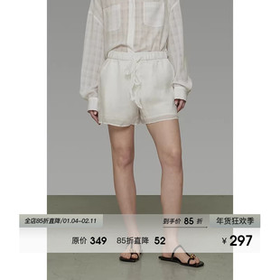 UNSPOKEN高腰短裤女夏季2025新款系带五分裤A字亚麻薄款休闲短裤