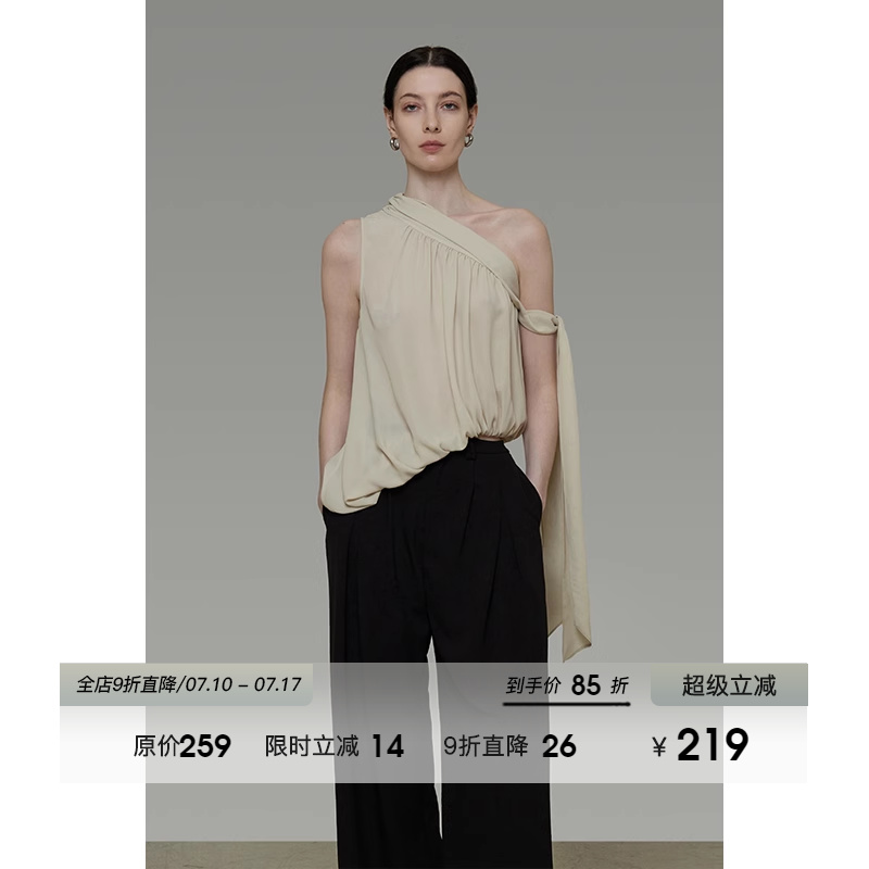 UNSPOKEN法式不规则斜肩上衣女夏季无袖外穿设计感飘带背心吊带