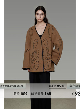 UNSPOKEN100羊毛刺绣大V领毛呢外套女冬季原创设计感短款呢子外套